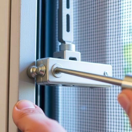 Hand adjusting a screen door closer mechanism.
