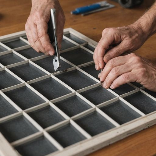 Hands replacing window screen with parts