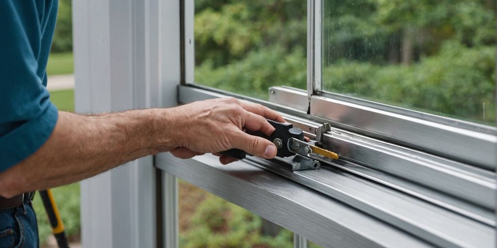 Person repairing sliding glass door track with tools.