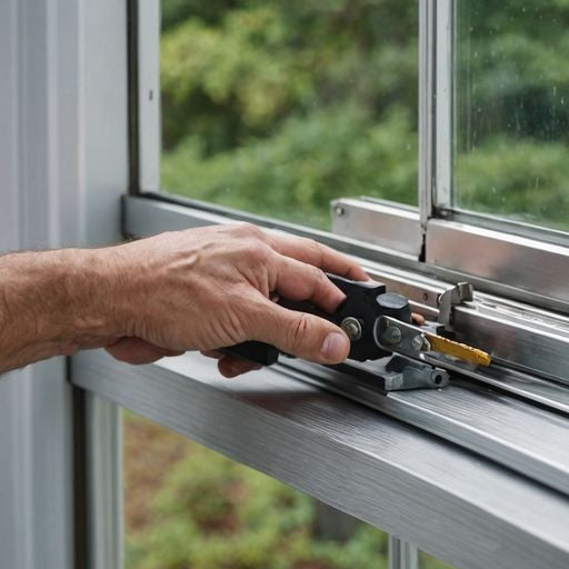 Person repairing sliding glass door track with tools.