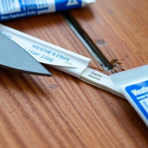 Homeowner applying weather stripping to a wooden door.