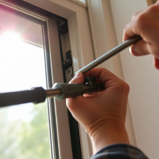 Person fixing a crank out window with tools.