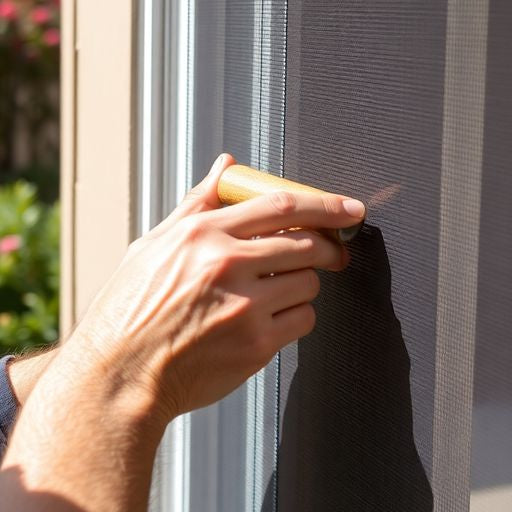 Person rescreening a window with tools in hand.