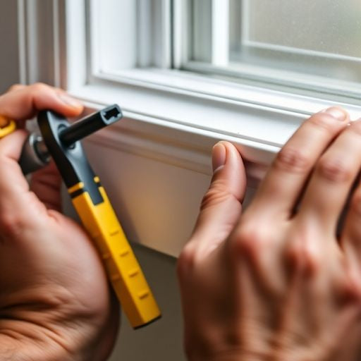 Hands replacing vinyl window trim with tools.