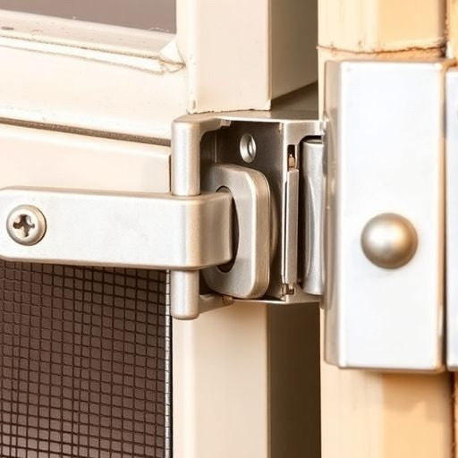 Close-up of a screen door latch mechanism.