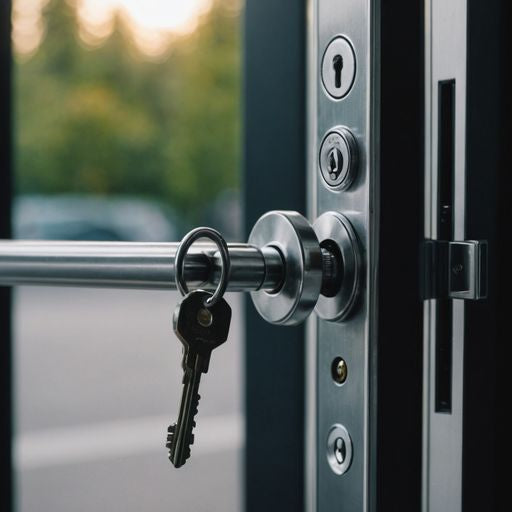 Sliding glass door lock with key for home security.