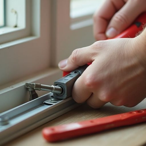 Hand adjusting a window track with tools nearby.