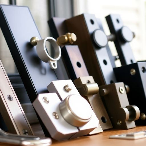 Variety of screen door hardware kits on display.