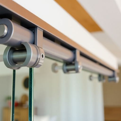 Close-up of sliding glass door roller mechanism.