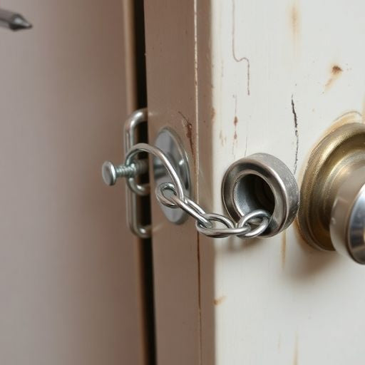 Close-up of door chain installation with tools.