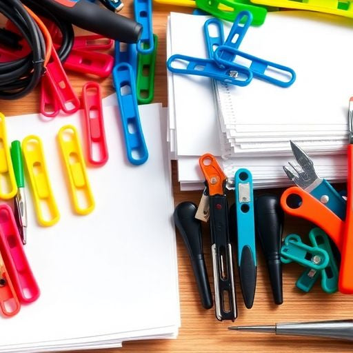 Colorful plastic clips organized in a tidy workspace.