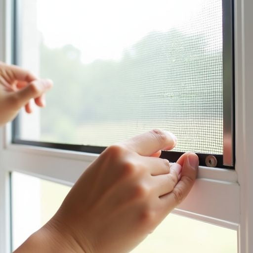 Hands removing a window screen from a frame.