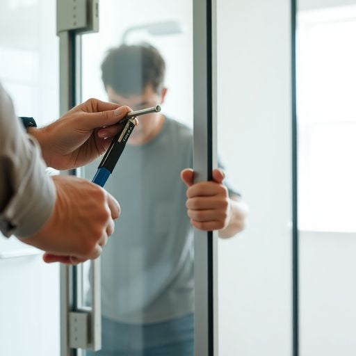 Person removing hinged shower door in a bathroom.
