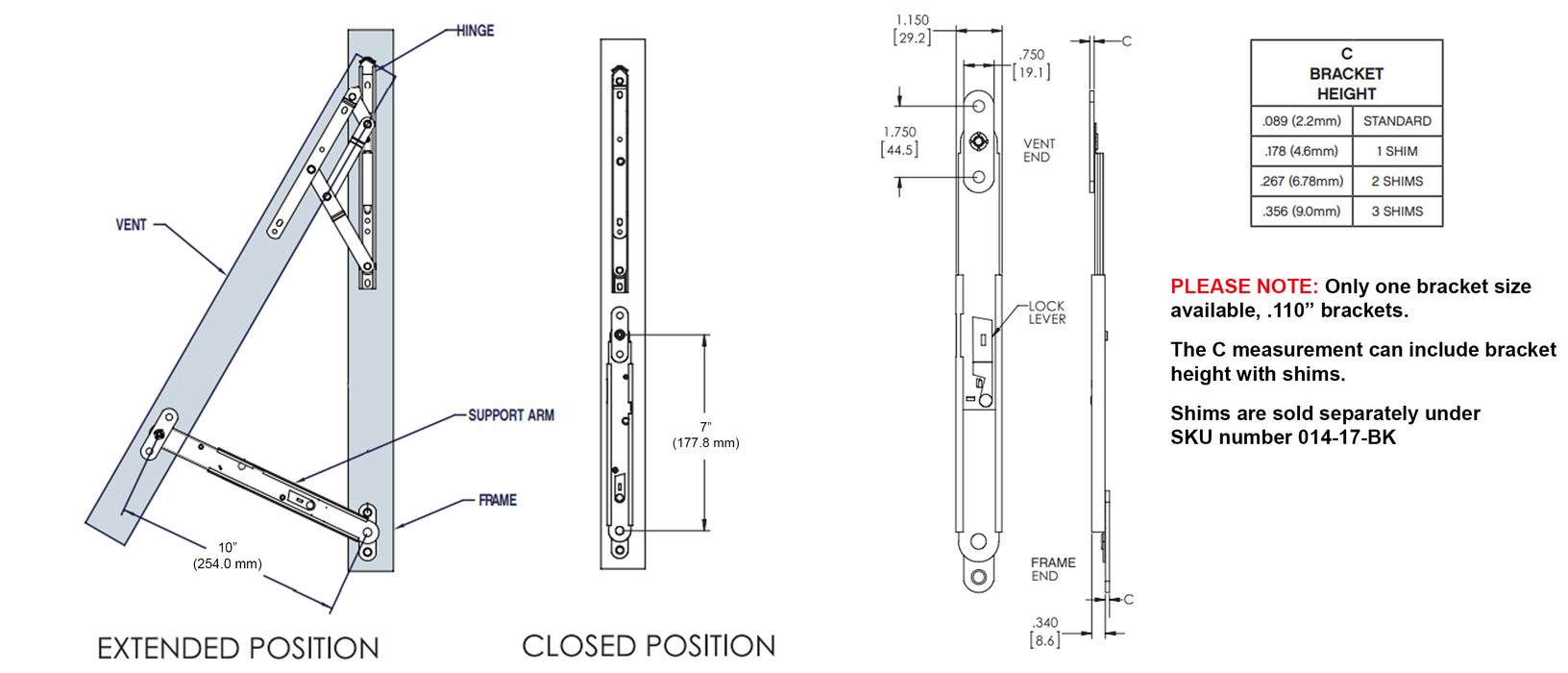 WRS Truth Hardware 10" Stainless Steel Support Arm - .110" Brackets