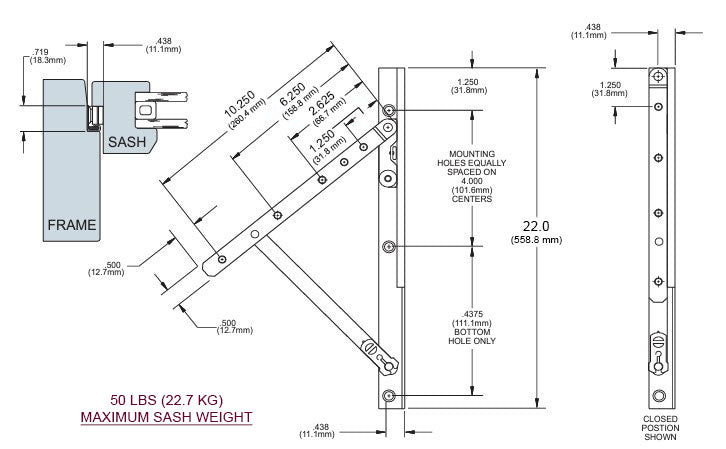 WRS Truth 22" Stainless Steel Concealed Awning Hinge - Left or Right Hand