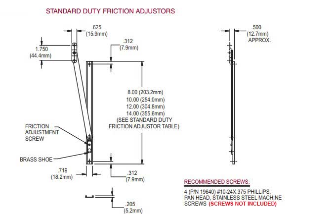 WRS Truth Hardware 8" Standard Duty Friction Adjuster - .593" Stack Height, .235" Bracket