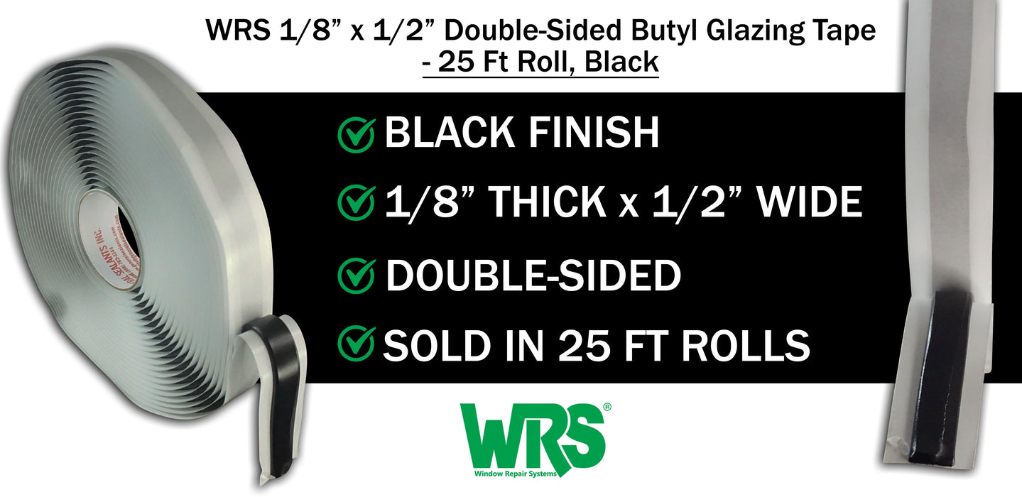 WRS 1/8" x 1/2" Double Sided Glazing Tape/Butyl Tape - 25 Ft Roll, Black
