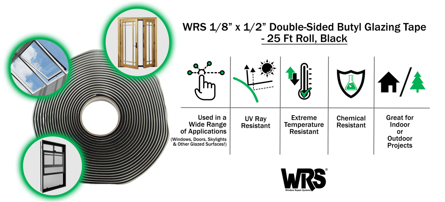 WRS 1/8" x 1/2" Double Sided Glazing Tape/Butyl Tape - 25 Ft Roll, Black