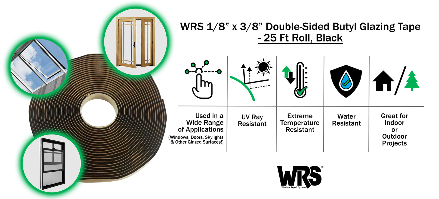WRS 1/8" x 3/8" Double-Sided Butyl Glazing Tape - 25 Ft Roll, Black