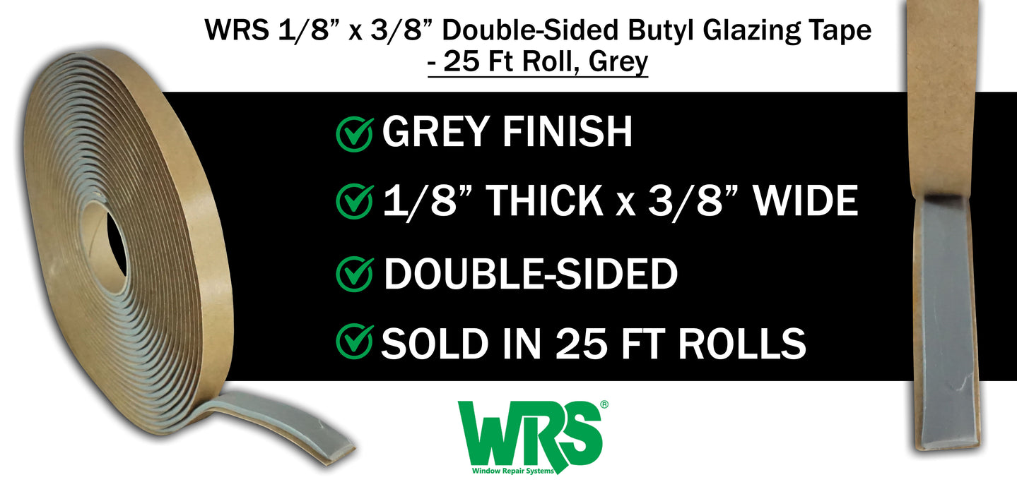 WRS 1/8" x 3/8" Double-Sided Butyl Glazing Tape - 25 Ft Roll, Grey