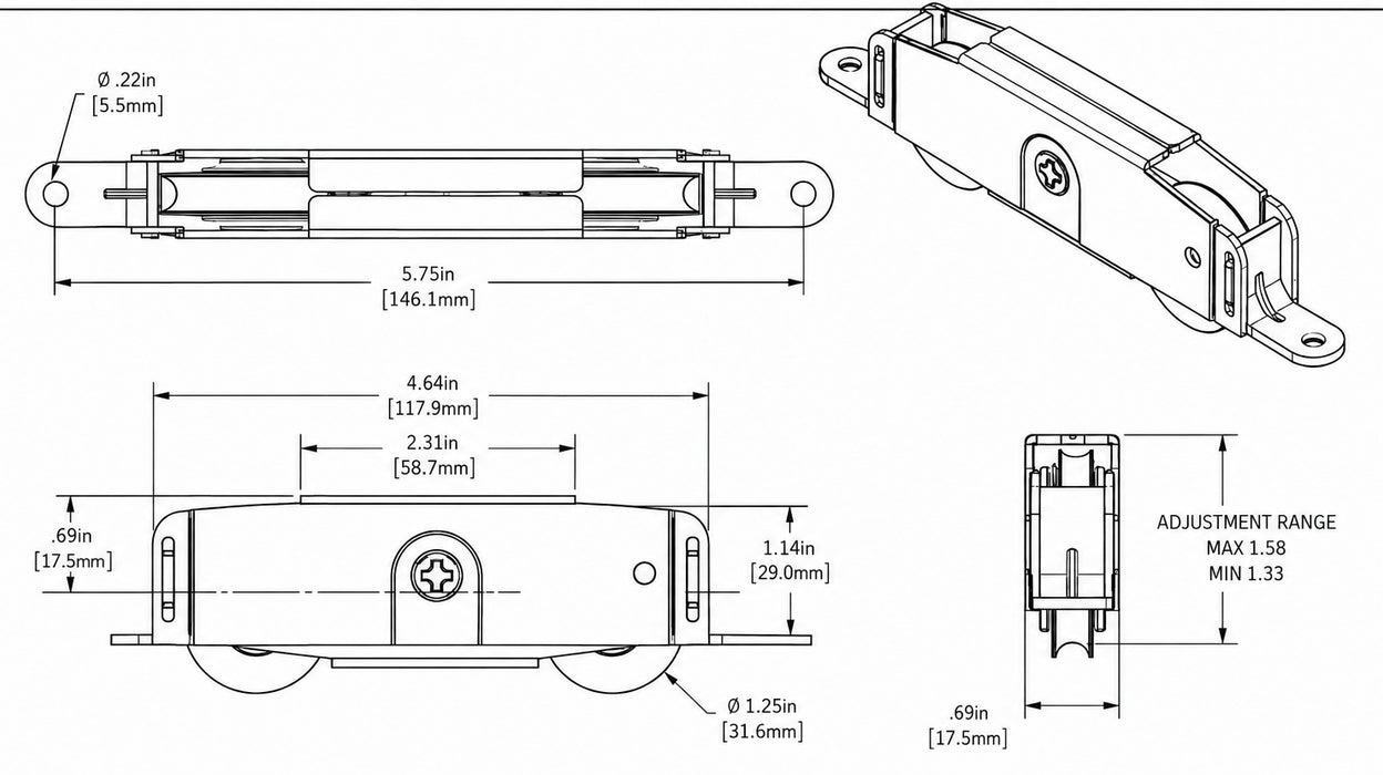 Truth Hardware Tandem Patio Door Roller - 1-1/4" Steel Wheels