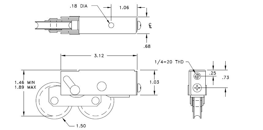 WRS Amesbury Tandem Patio Door Roller - 1.50" Steel Wheels