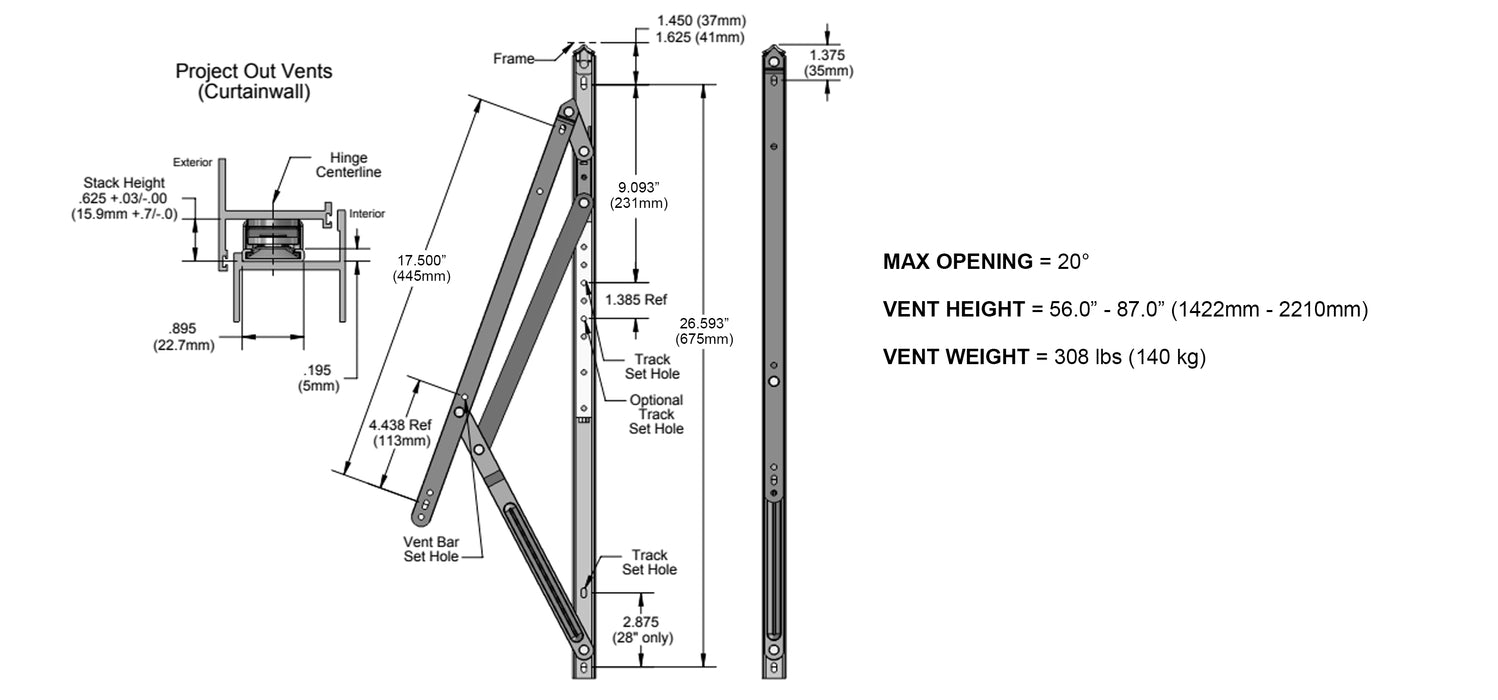 WRS 28" Magnum Projection In-Line, Non-Handed 4-Bar Hinge - Max Weight 308 lbs