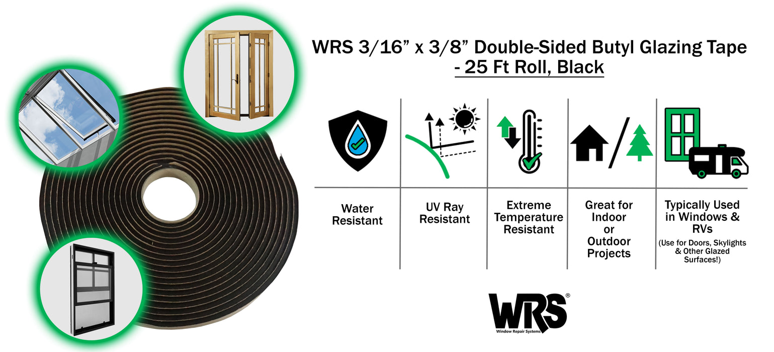 WRS 3/16" x 3/8" Double-Sided Butyl Glazing Tape - 25 Ft Roll, Black