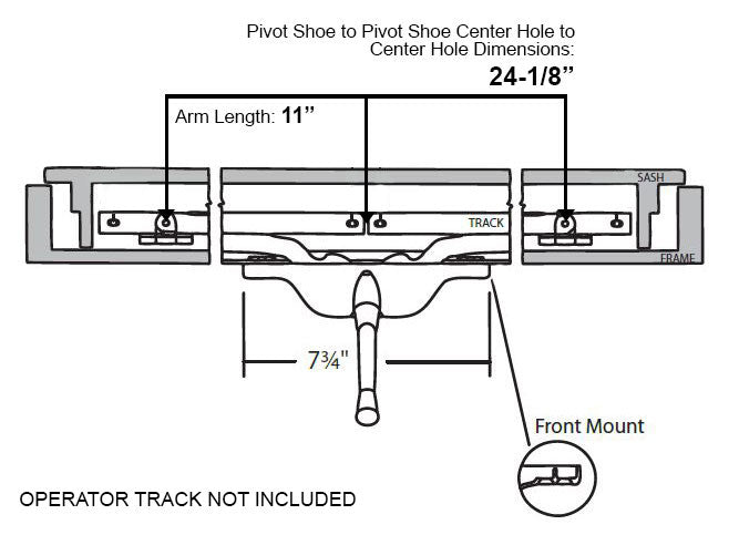 WRS Truth Brushed Nickel Pivot Shoe Operator - 11" Arm, Front Mount