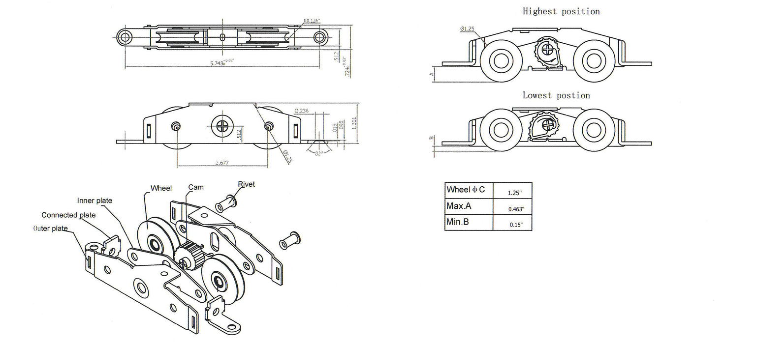 028-120-1 WRS 1-1/4" Side Adjust Tandem Patio Door Roller - Replacement for Truth Hardware 31761A Tandem Roller Diagram