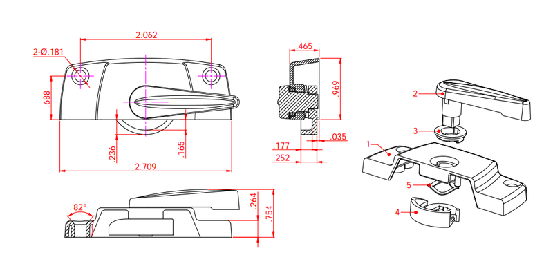 081-11BG WRS 2-1/16" Die Cast Sweep Lock Diagram