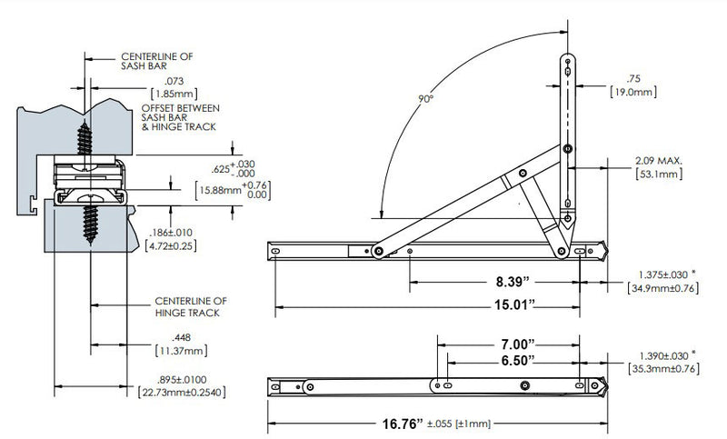 WRS Truth Hardware Heavy Duty 16" 4-Bar Egress Casement Hinge with Stop